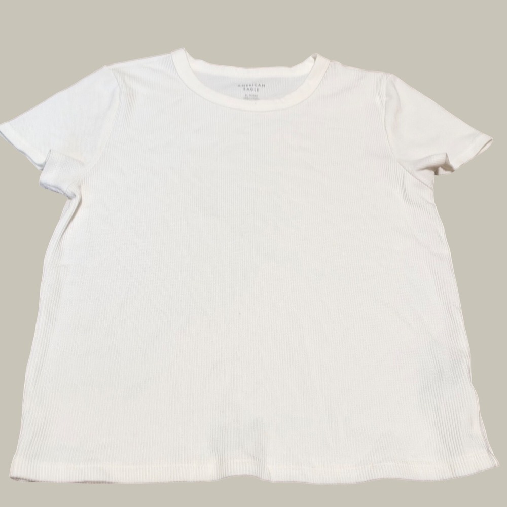 American Eagle Womens XL White Ribbed Short Sleeve Crew Neck T-Shirt Top